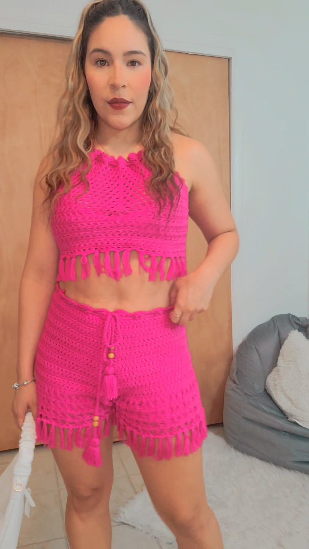 Set pantalon corto tejido - Fushia